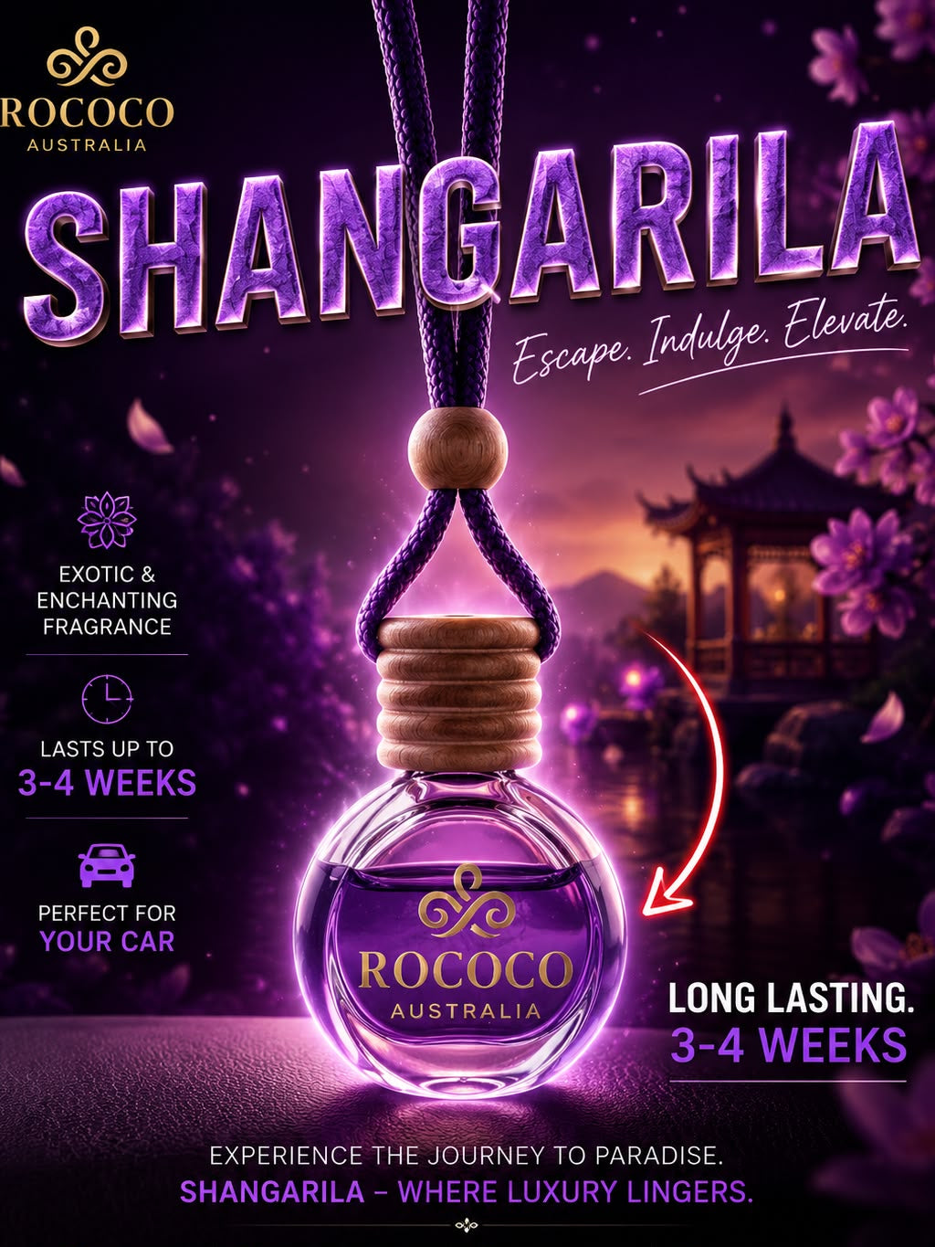 Promotional graphic for the Rococo Australia Shangri-La car fragrance. The image features a clear glass bottle filled with purple liquid and a wooden stopper, suspended by a purple cord.