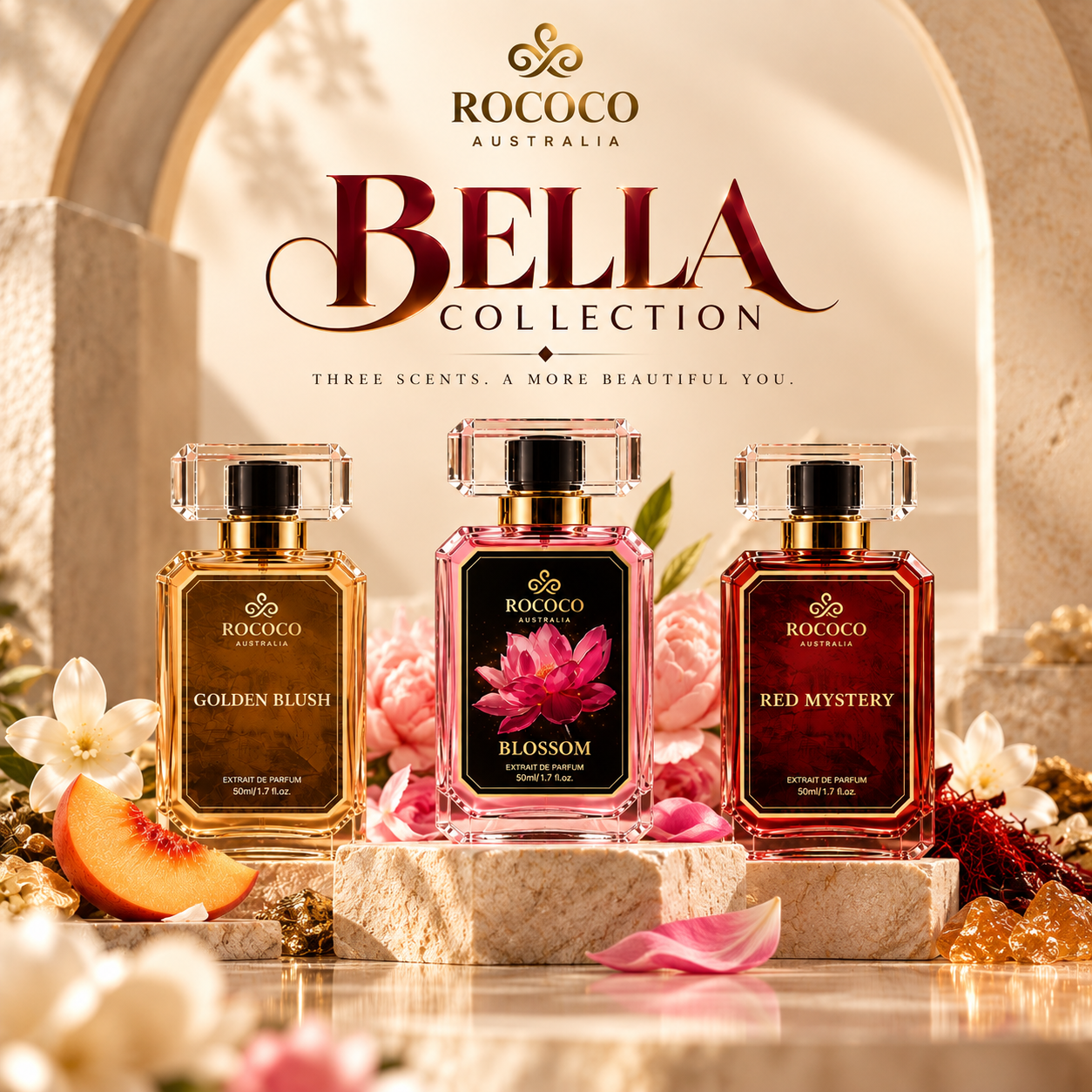 Three Rococo Australia perfume bottles from the Bella Collection are displayed on a stone pedestal with decorative flowers and fruit. The bottles are labeled Golden Blush, Blossom, and Red Mystery, set against a warm, elegant background with the brand name 'Rococo Australia' and 'Bella Collection' prominently displayed.