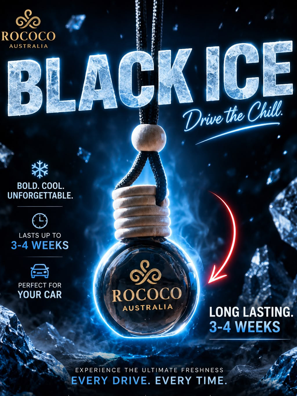 A promotional graphic for a car fragrance oil bottle labeled 'ROCOCO AUSTRALIA BLACK ICE'. The bottle is shown hanging from a cord against a dark, icy blue background with text overlays describing the scent as bold, cool, and unforgettable, lasting up to 3-4 weeks.